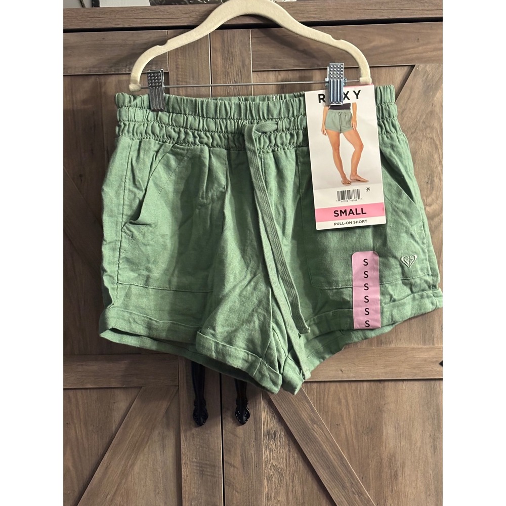 Roxy Womens Pull-On Shorts Sage Green Smocked Waist Linen Blend Small NWT
